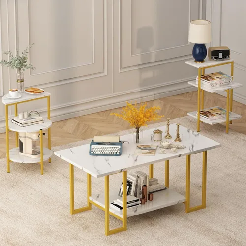 Miniatura 9 de Juego de mesa AWQM de mármol sintético, mesa de café y 2 mesas auxiliares, superficie de mesa de mármol sintético y marco de metal, juego de 3
