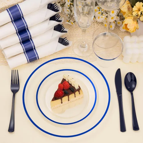 Miniatura 2 de BESTSTAR Juego de 350 platos desechables transparentes y azules para 50 invitados, 100 platos de plástico, 50 vasos, 50 servilletas preenrolladas
