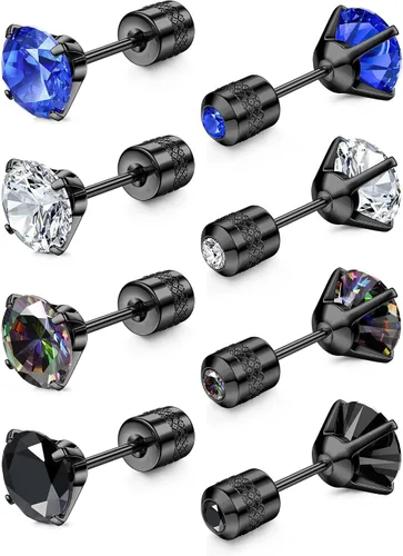 FIBO STEEL Aretes de titanio de 0.118 a 0.276 pulgadas, aretes de tuerca de acero quirúrgico para hombres y mujeres, arcoíris 5A, circonita cúbica