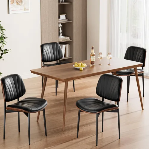 REONEY - Juego de 4 sillas de comedor, modernas de mediados de siglo, tapizadas en piel sintética PU con respaldo de madera curvada de nogal y patas