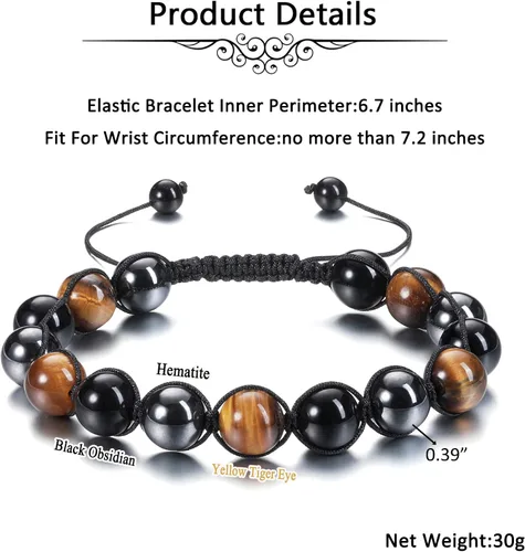 Miniatura 5 de Jovivi Pulsera de piedra de cristal de ojo de tigre de obsidiana negra de 0.315 in0.394 in para hombre, pulsera de piedra de lava con cuentas