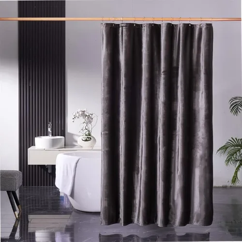 Miniatura 4 de Cortina de ducha HYAWGE de tela de terciopelo negro 260 GSM, cortina de ducha de lujo resistente, con ganchos, espesada, lavable, impermeable