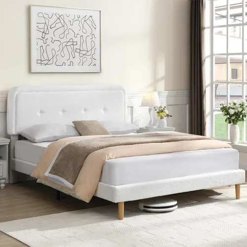 Miniatura 8 de Base de cama de tamaño matrimonial con cabecera ajustable, moderna cama tapizada suave y bonita con tela de bucle, marco de cama para niñas, fácil