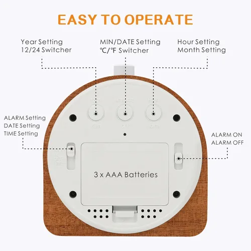 Miniatura 4 de Plumeet Reloj Despertador Digital de Madera para Dormitorios, Reloj Despertador de Madera de 4'' a Batería con Repetición y Luz Nocturna, Reloj
