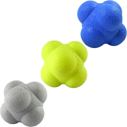 AIRLAXER Bola de reacción, bola refleja para entrenamiento de coordinación ojo-mano, 2.83 pulgadas, paquete de 3 unidades, azul, amarillo, gris