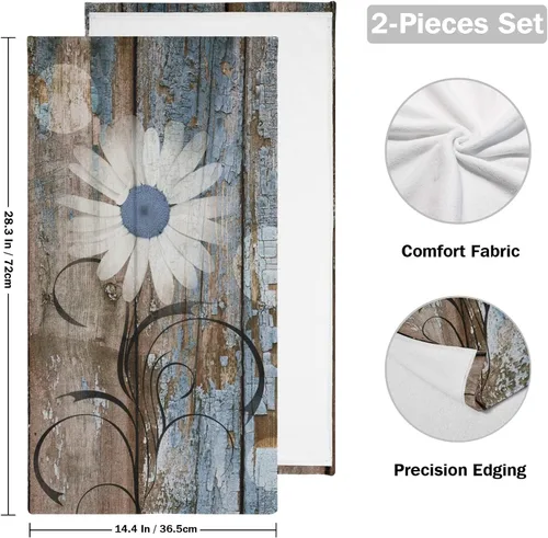 Miniatura 2 de Juego de 2 toallas de mano de color azul y marrón para baño, diseño rústico de margaritas blancas y florales, de primavera, suaves, absorbentes