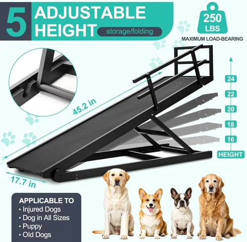 Miniatura 3 de Rampa para perros, rampa plegable de madera ajustable de 5 niveles para cama mediana, sofá, SUV - Alta tracción, rampas portátiles para mascotas