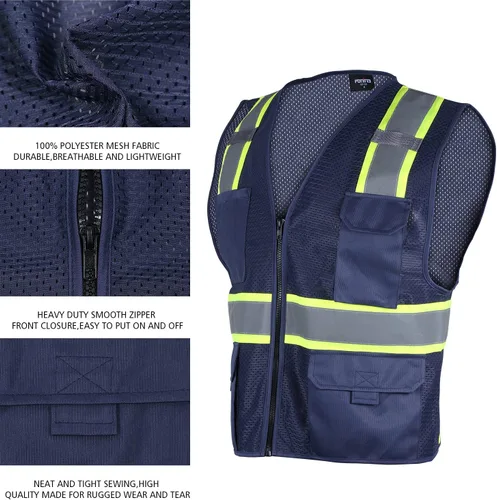 Miniatura 4 de FONIRRA Chaleco de seguridad para hombres de alta visibilidad reflectante para trabajo en construcción Clase 2 ANSI con bolsillos y cremallera