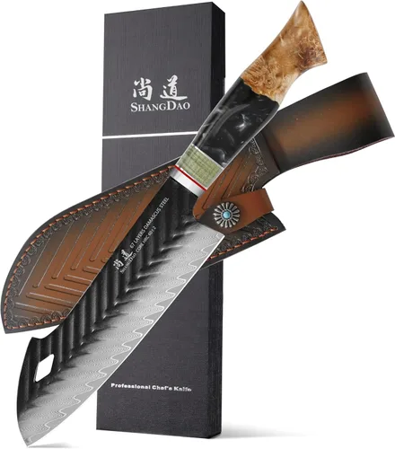 Miniatura 8 de SHANGDAO cuchillo de carnicero de Damasco de 7 pulgadas, cuchillos de cocina tipo clavícula vikinga con funda de cuero - Serie QILIN de 67 capas