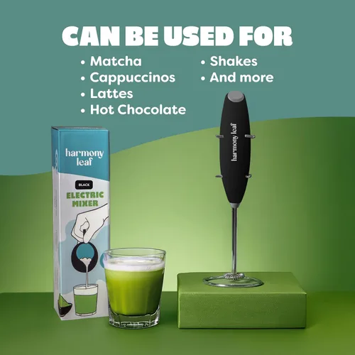 Miniatura 4 de Harmony Leaf Espumador de leche de mano, mezclador eléctrico de bebidas de acero inoxidable con soporte, espumador de café a pilas para lattes