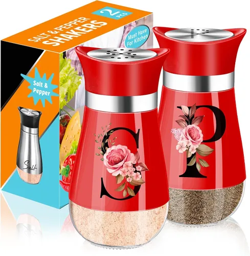 Juego de saleros y pimenteros, accesorios de cocina rojos de 4 onzas, dispensador de especias de acero inoxidable y vidrio, diseño clásico, diseño