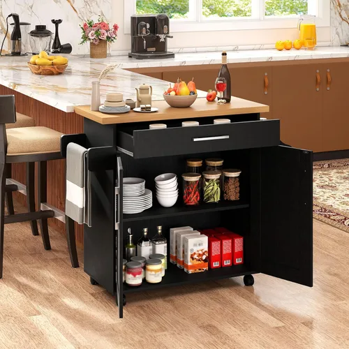 Miniatura 2 de Giantex Isla de cocina, carrito de cocina rodante con estante para especias y toallero, cajón grande y armario de almacenamiento de 2 puertas