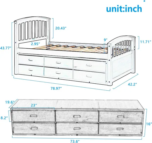 Miniatura 2 de Merax Cama de almacenamiento de madera maciza con 6 cajones, soporte de listones de madera, no necesita somier Nuez