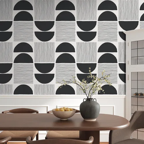 Miniatura 2 de VEELIKE Papel tapiz moderno de mediados de siglo en blanco y negro, papel tapiz geométrico abstracto para dormitorio, baño, 17.7 x 118 pulgadas