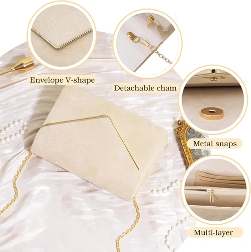 Miniatura 4 de Larcenciel Elegante bolso de mano de ante para mujer, bolso formal de noche y cadena para fiesta, boda, cóctel, baile de graduación