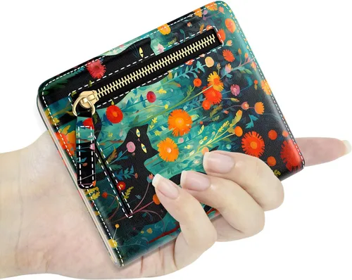 Miniatura 5 de Billetera de cuero genuino de lujo para mujer con bloqueo RFID, compacta, plegable, con ventana para identificación, Gato negro, Moderno