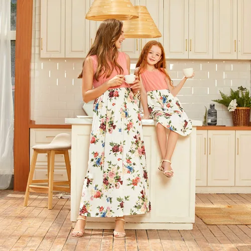 Miniatura 4 de IFFEI - Conjunto de vestidos de mamá y yo con estampado floral sin mangas para madre e hija