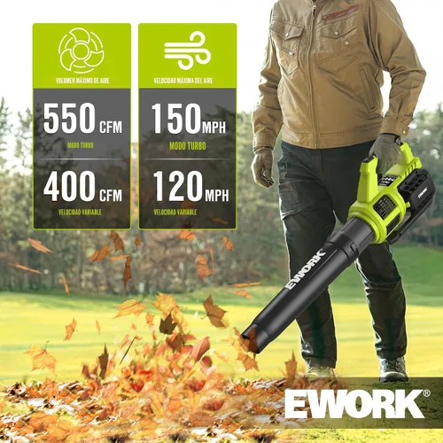 Miniatura 2 de EWORK Soplador de hojas inalámbrico de 21 V, potente modo turbo y 550 CFM, baterías de 2×3.0Ah y cargador rápido, sopladores eléctricos ligeros