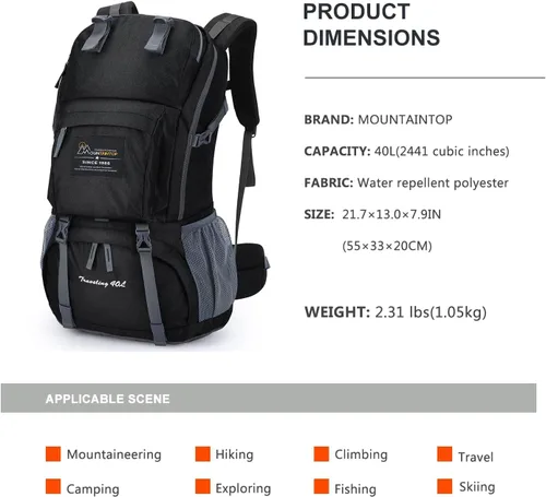 Miniatura 2 de Mochila de senderismo de 40 L de Mountaintop, mochila ligera de viaje para hombres y mujeres, mochila para acampar al aire libre y hacer senderismo