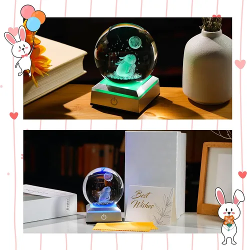 Miniatura 5 de Figura de bola de cristal grabada en 3D de conejo y estrellas de luna de 3.15 pulgadas con base de luz LED, decoración de esfera de conejo