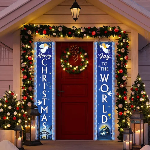 Miniatura 4 de Cartel de Navidad para puerta de Natividad con luces de alegría al mundo, pancarta azul religiosa para colgar en la puerta de la noche de Navidad
