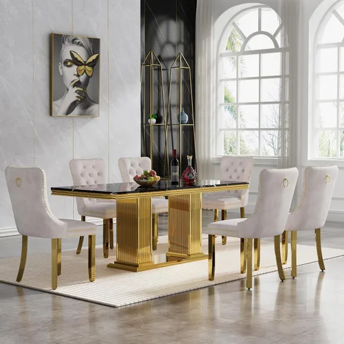 Miniatura 30 de HomVent Juego de mesa de comedor moderna de mármol sintético para 4 personas, mesa de cocina rectangular con 4 sillas beige (dorado)