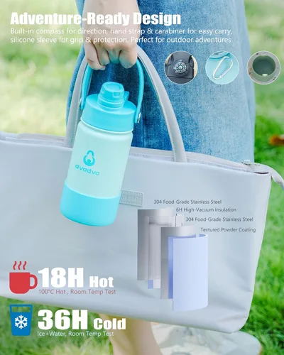 Miniatura 5 de Botella de agua aislada de 18 onzas con 2 tapas (tapa de popote y boquilla 2 en 1, tapa magnética), botella de agua delgada con correa, botella