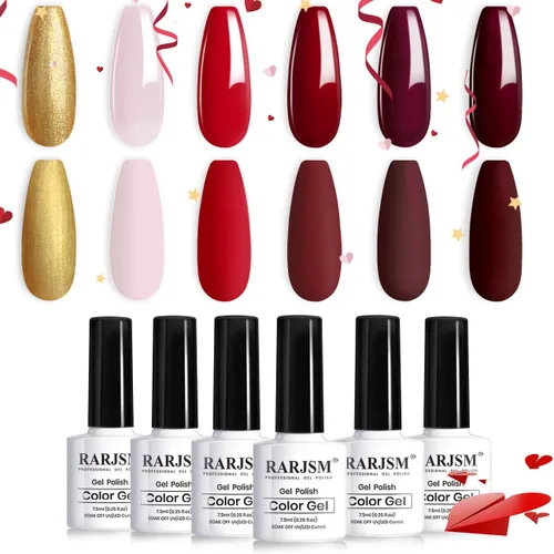 RARJSM Kit de esmalte de uñas de gel para otoño e invierno, 6 colores dorado, purpurina, rosa, rojo, vino, borgoña, juego de esmaltes de gel para