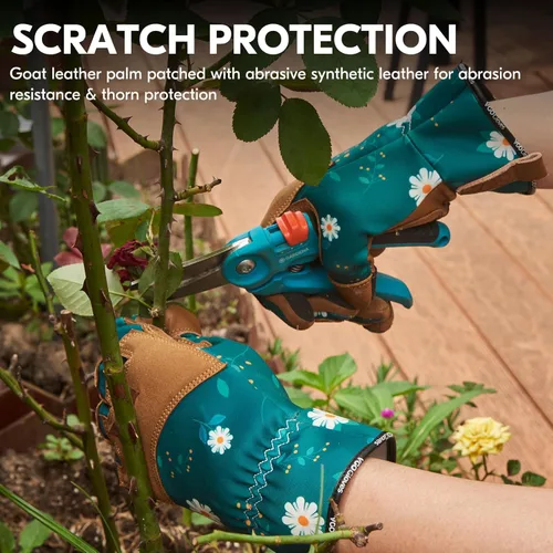 Miniatura 5 de Vgo... 1 par de guantes de jardinería para mujer, guantes de trabajo de piel de cabra a prueba de espinas para desmalezar, cavar, rastrillar, podar