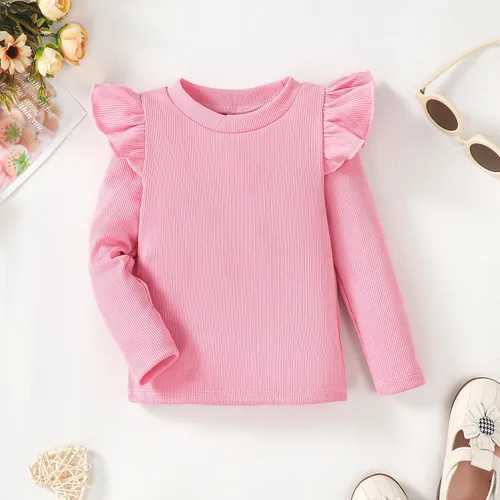 Miniatura 8 de OPAWO Camisetas de manga larga y corta con volantes para niña, blusa acanalada para niña, ropa para bebé, paquete de 2 unidades de 1 a 6 años