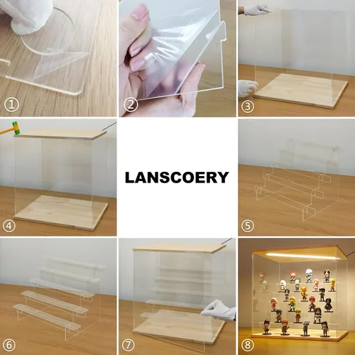 Miniatura 5 de LANSCOERY Vitrina de exhibición de acrílico con luz LED, caja de exhibición de 3 niveles para coleccionables y figuras de acción, organizador Madera