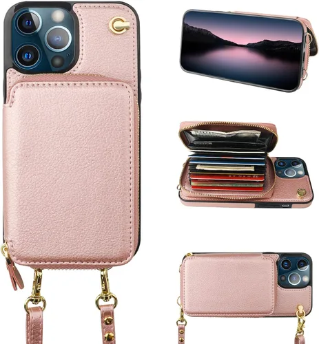 Miniatura 10 de Bocasal Funda tipo cartera cruzada para iPhone 13 Pro, funda de piel con bloqueo RFID y soporte para tarjetas, funda protectora con cremallera