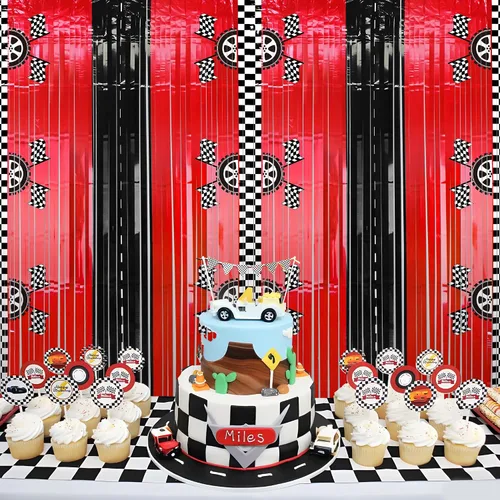 Miniatura 4 de 2 cortinas de fondo de aluminio con flecos de automóvil de carreras, decoración de fiesta de cumpleaños de coche de carreras, fondo de fotos negro