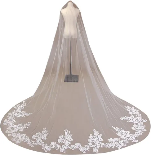 MisShow Velos de boda de 2 niveles color blanco marfil con apliques de encaje y lentejuelas, longitud catedral, velo de novia + peine