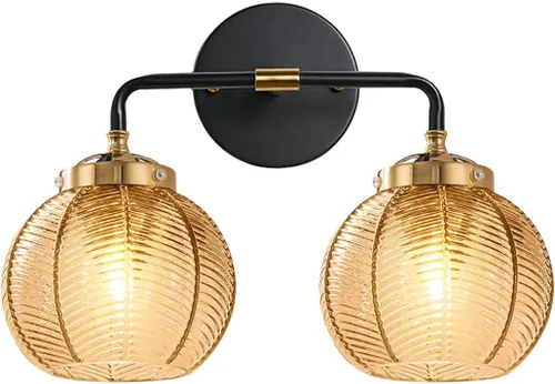Miniatura 23 de Lámparas de baño de mediados de siglo, aplique de pared de 2 luces con pantalla de vidrio con rayas verdes, luz de montaje en pared, luces modernas