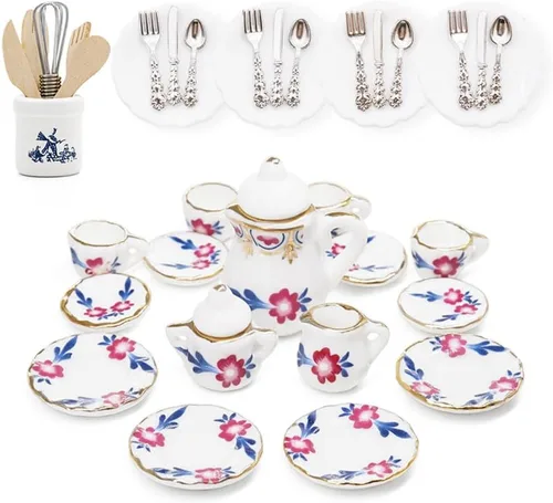 Miniatura 11 de Odoria 1/12 Juego de té de porcelana en miniatura Platos y cubiertos Utensilios de cocina Accesorios para casa de muñecas, azul mediterráneo
