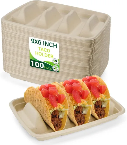 Miniatura 7 de Paquete de 50 soportes desechables resistentes para tacos de fiesta, platos de tacos con 3 divisores para servir para fiestas, soporte de tacos