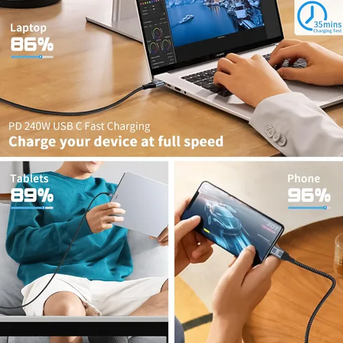 Miniatura 4 de Duttek Cable USB C de 240 W de 3 pies/3.3 ft, cable USB C a USB C PD 3.1, cable trenzado USB C macho a macho de nailon con chips inteligentes E-Mark