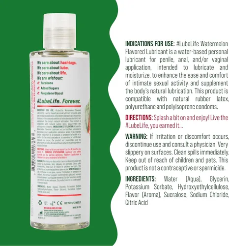 Miniatura 2 de LubeLife Lubricante con sabor a sandía a base de agua, lubricante personal para hombres, mujeres y parejas, hecho sin azúcar añadido, 8 onzas