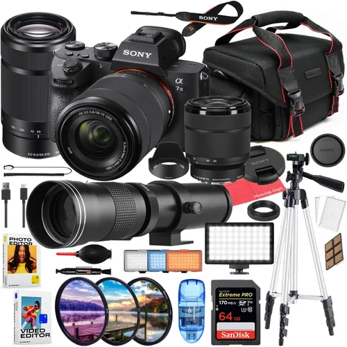 Sony Cámara sin espejo a7 III con lente de 1.102-2.756 in y 2.165-8.268 in + paquete de accesorios con luz LED de 16.535-31.496 in, filtros, 64GB