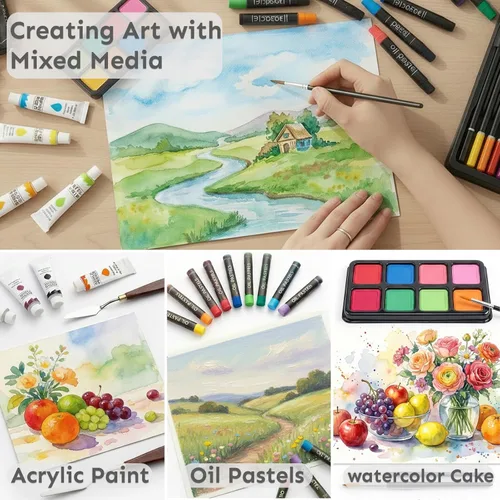 Miniatura 5 de Juego de 175 piezas de arte de madera de lujo con 2 almohadillas de dibujo, pinturas acrílicas, lápices de colores, lápices de colores, pincel, kit