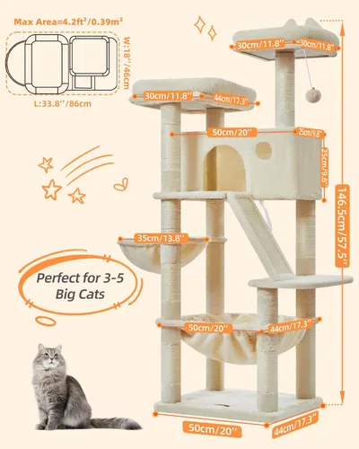Miniatura 2 de Taoqimiao Árbol para gatos de 57.5 pulgadas, torre para gatos de interior para adultos, condominio extragrande para gatos, 8 postes rascadores