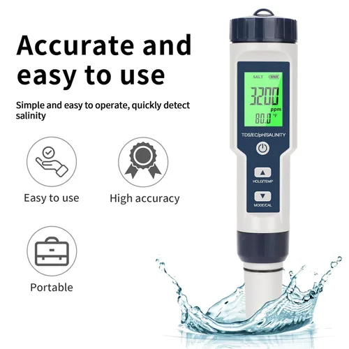 Miniatura 6 de Probador de sal de piscina, probador digital de agua de piscina, preciso y confiable, salinidad, medidor de pH, EC, TDS y temperatura 5 en 1; kit