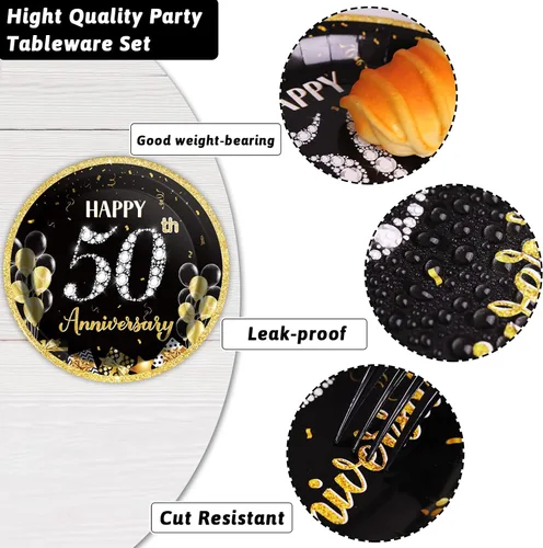 Miniatura 4 de 96 Piezas Platos de Papel Servilletas Tenedores para Fiesta de 50 Aniversario Empleado Carrera Boda 50 Aniversario Oro Negro Vajilla Desechable