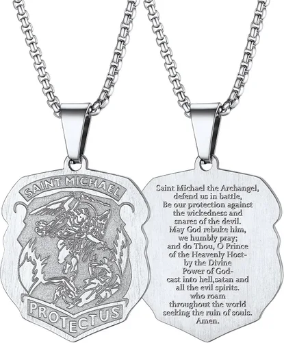 Miniatura 15 de FaithHeart Collar de San Miguel, acero inoxidable, chapado en oro de 18 quilates, amuleto colgante de San Miguel Arcángel para hombres y mujeres