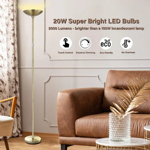 Miniatura 2 de BoostArea Lámpara de pie, lámpara de pie Torchiere, lámpara de pie alta LED de 20 W, 2000 lm, regulable continuo, control táctil, vida útil de 50000