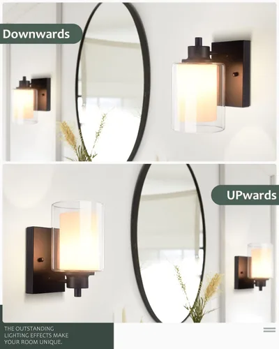 Miniatura 4 de Paquete de 2 Luminarias de Tocador de Baño de 1 Luz, Luz de Pared Negra para Interiores con Pantalla de Vidrio Dual, Aplique de Pared de Baño