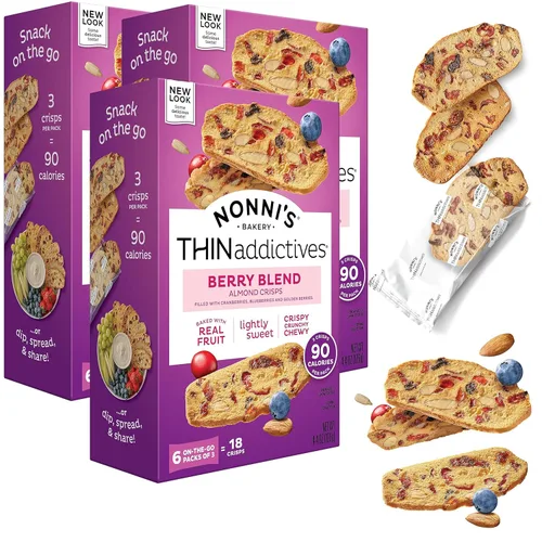 Nonni's THINaddictives - Galletas delgadas de almendra y mezcla de bayas con arándanos rojos y azules, bayas doradas, pasas y semillas de girasol,