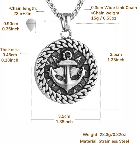 Miniatura 5 de HZMAN Collar de ancla náutica vikingo nórdico para hombres y niños, de acero inoxidable, brújula y timón, regalo de joyería, Acero inoxidable, No es