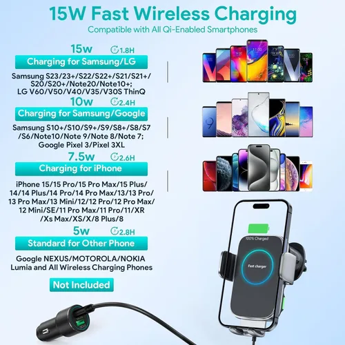 Miniatura 3 de Cargador inalámbrico para automóvil, soporte de carga de 15W con sujeción automática, soporte de ventilación para carga de automóvil para iPhone 15